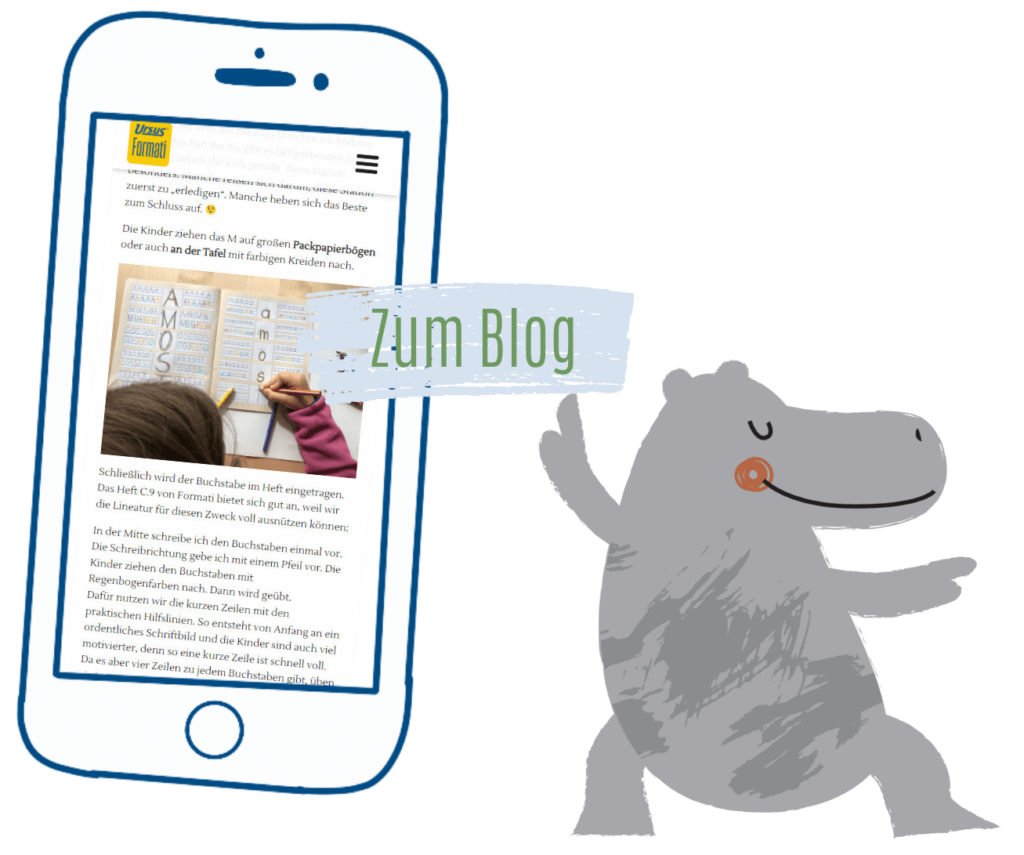 Grafik Smartphone mit Hippo und Schriftzug Zum Blog